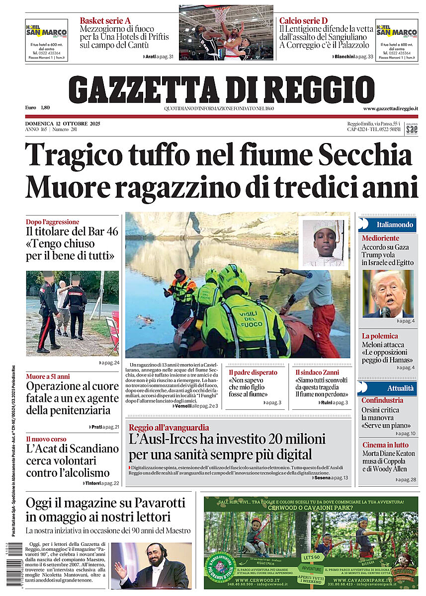 Prima pagina Gazzetta di Reggio di oggi - Edicola 12 Ottobre 2025