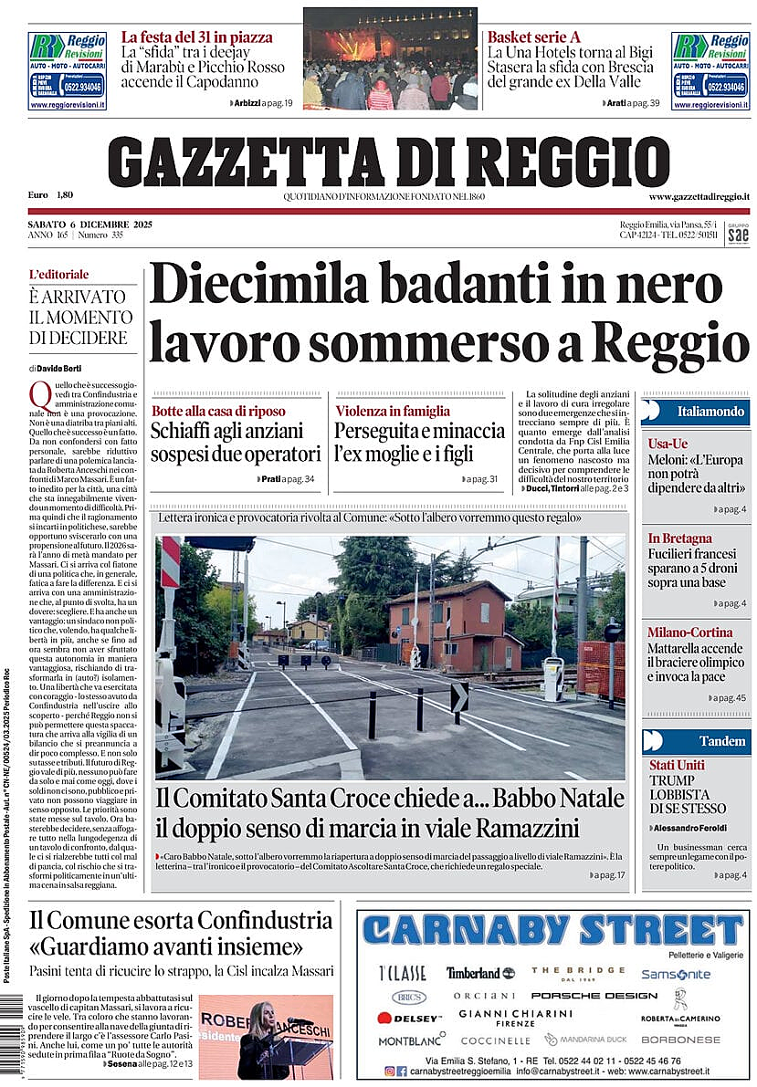 Prima pagina Gazzetta di Reggio di oggi - Edicola 6 Dicembre 2025