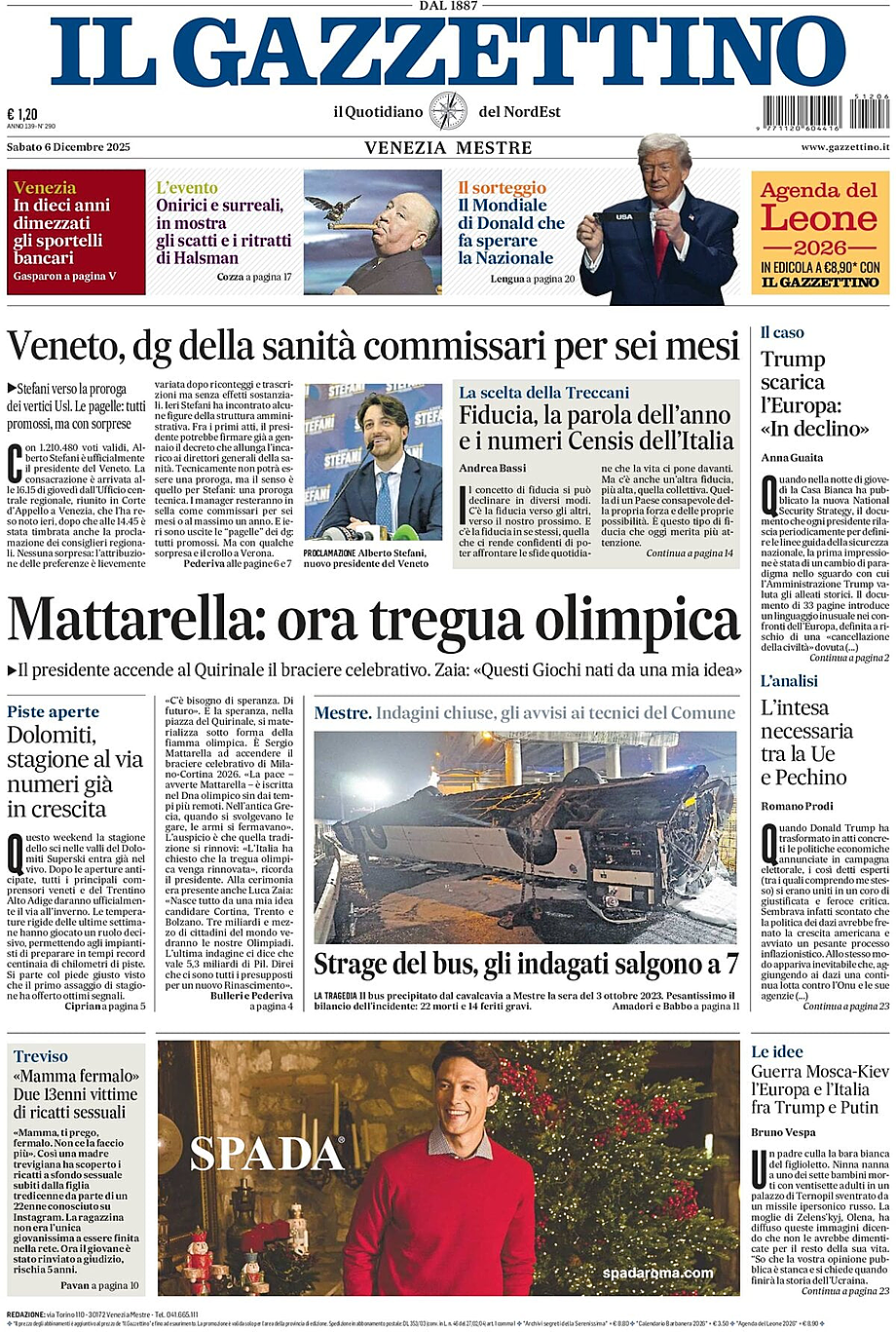 Prima pagina Il Gazzettino di oggi - Edicola 6 Dicembre 2025
