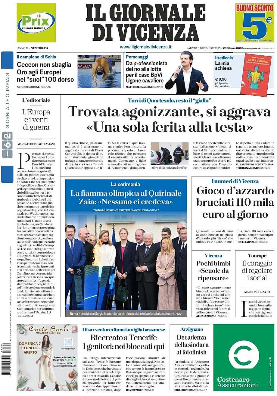 Prima pagina Il Giornale di Vicenza di oggi - Edicola 6 Dicembre 2025