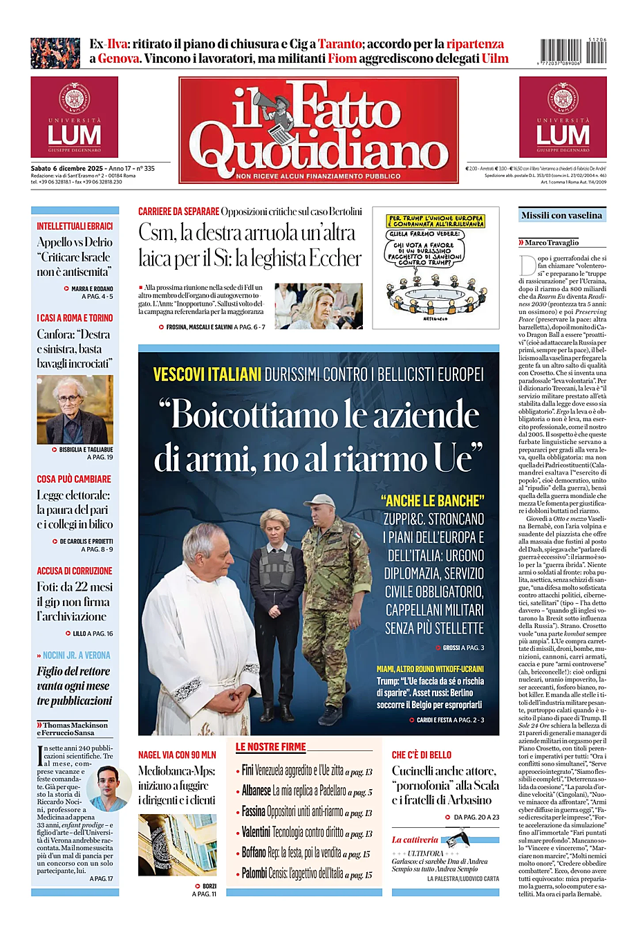 Prima pagina Il Fatto Quotidiano di oggi - Edicola 6 Dicembre 2025