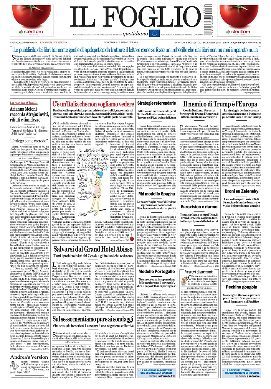 Prima pagina Il Foglio di oggi - Edicola 6 Dicembre 2025