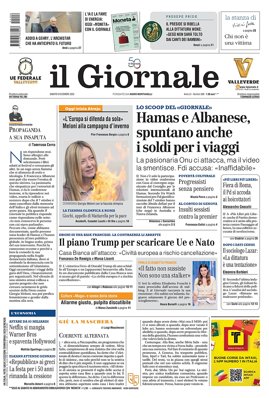Prima pagina Il Giornale di oggi - Edicola 6 Dicembre 2025