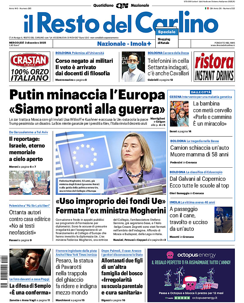Prima pagina Il Resto del Carlino di oggi - Edicola 31 Dicembre 2025