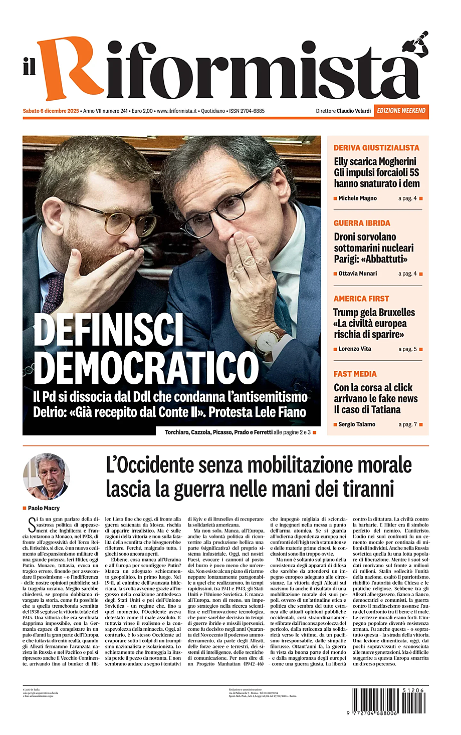 Prima pagina Il Riformista di oggi - Edicola 6 Dicembre 2025