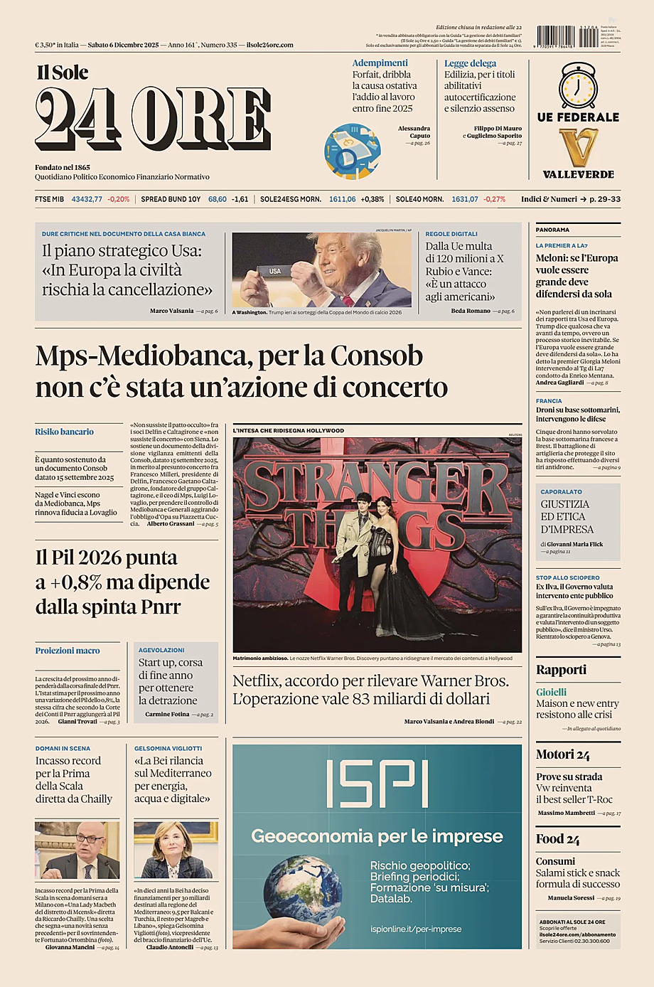 Prima pagina Il Sole 24 Ore di oggi - Edicola 6 Dicembre 2025