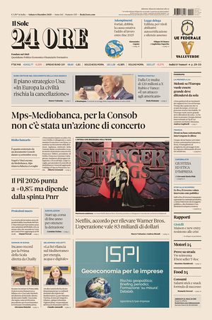 Prima pagina Il Sole 24 Ore di oggi - Quotidiano finanza