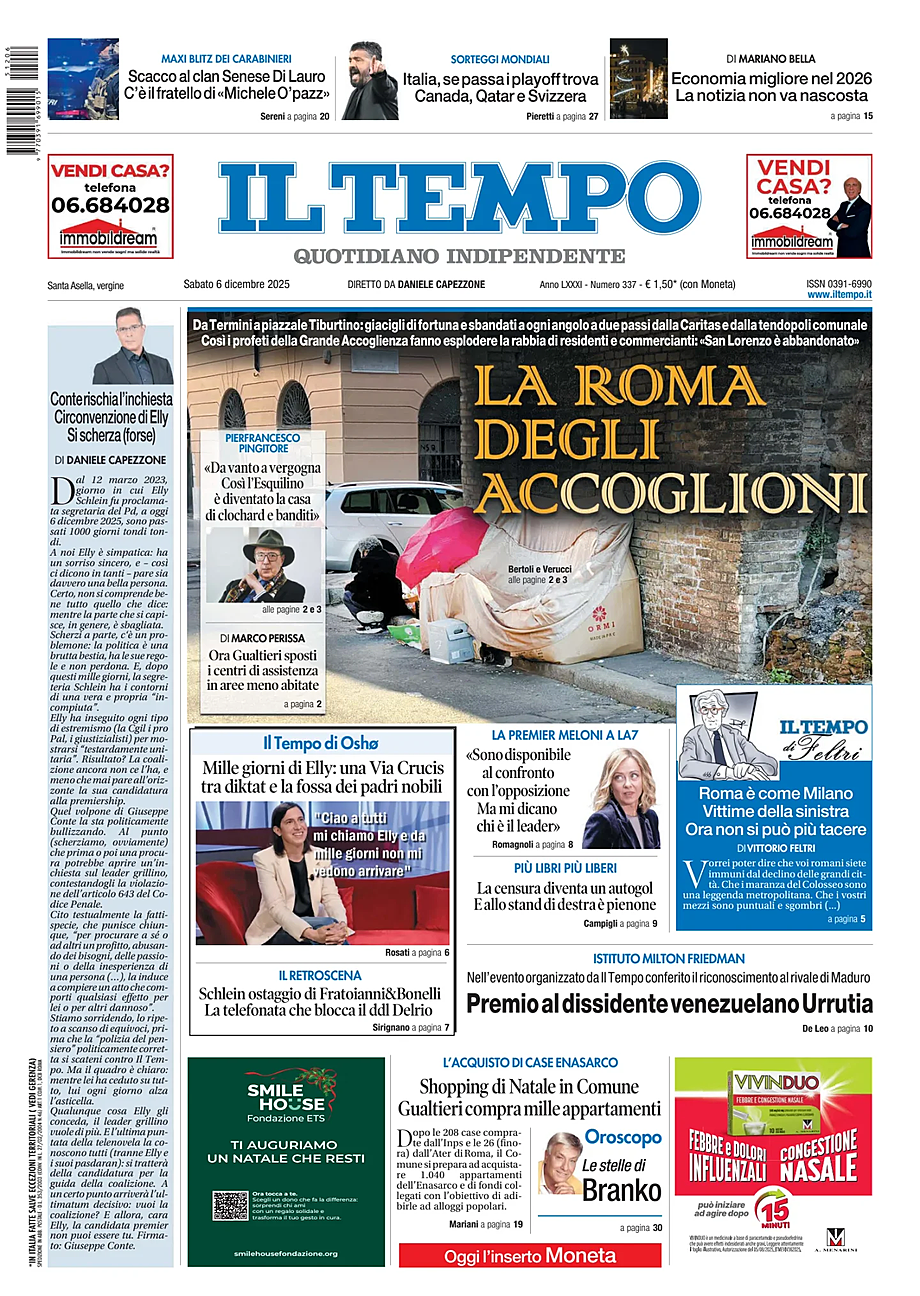Prima pagina Il Tempo di oggi - Edicola 6 Dicembre 2025