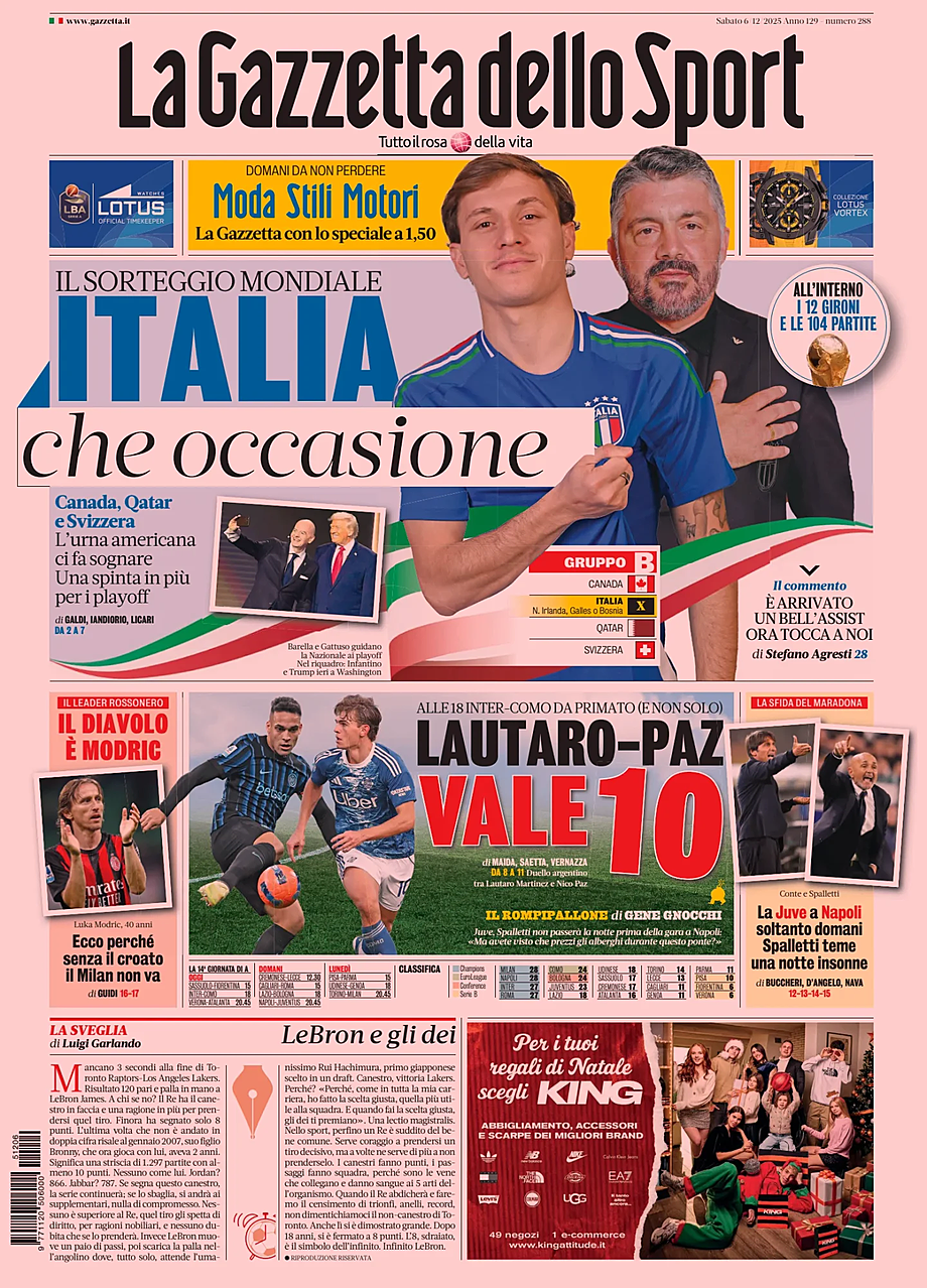 Prima pagina La Gazzetta dello Sport di oggi - Edicola 6 Dicembre 2025