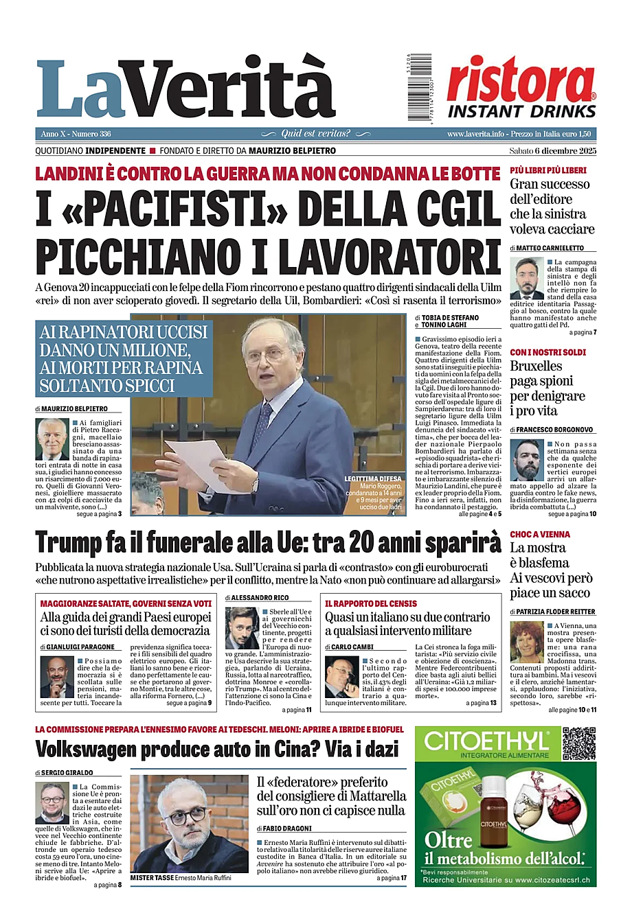 Prima pagina La VeritÃ  di oggi - Edicola 6 Dicembre 2025