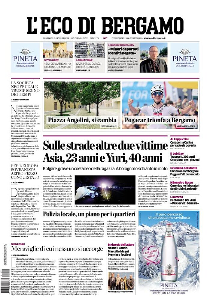 Prima pagina L'Eco di Bergamo di oggi - Edicola 12 Ottobre 2025