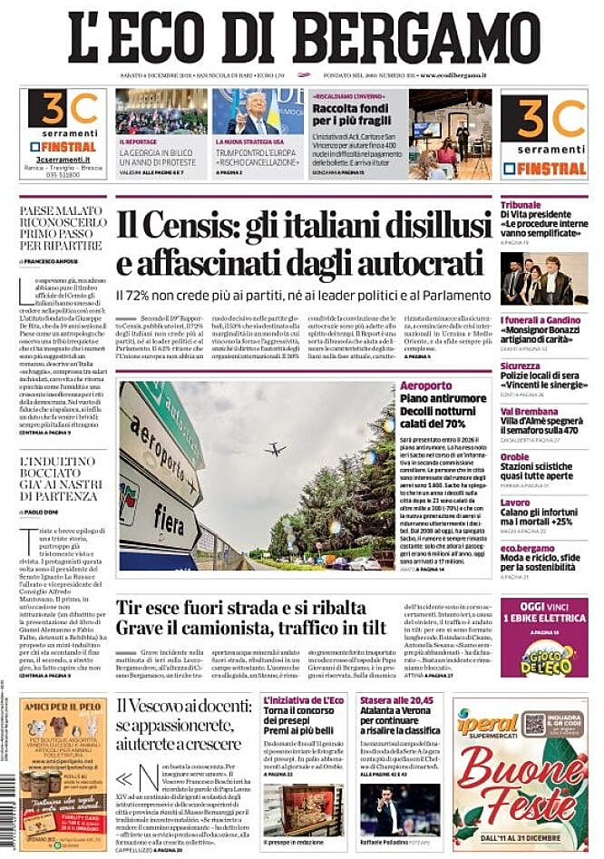 Prima pagina L'Eco di Bergamo di oggi - Edicola 6 Dicembre 2025
