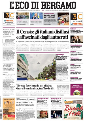 Prima pagina L'Eco di Bergamo di oggi - Quotidiano regionale