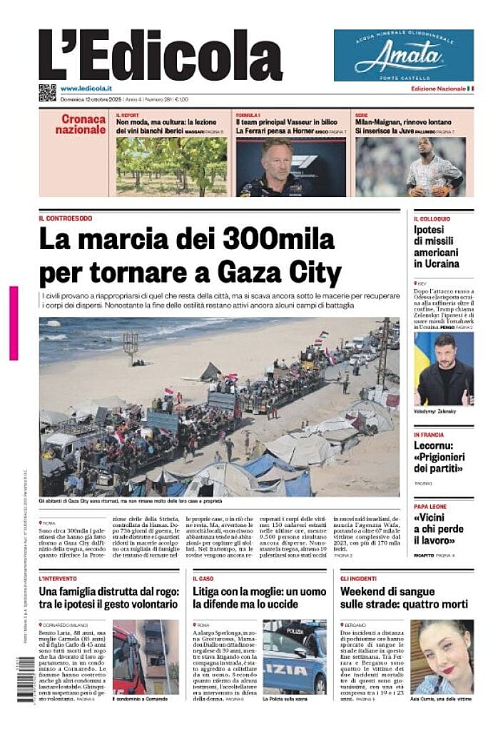 Prima pagina L'Edicola (Nazionale) di oggi - Edicola 12 Ottobre 2025