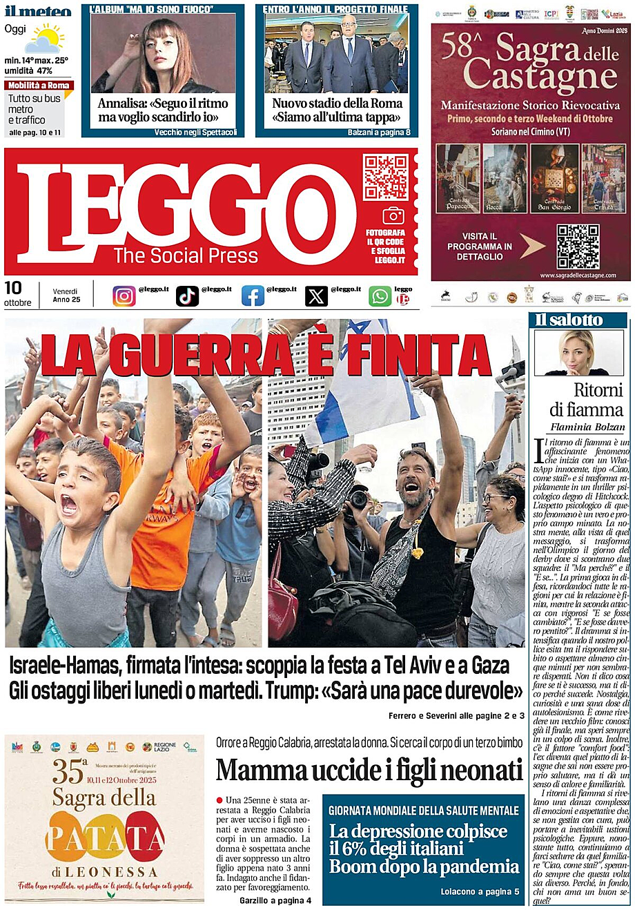 Prima pagina Leggo (Roma) di oggi - Edicola 10 Ottobre 2025