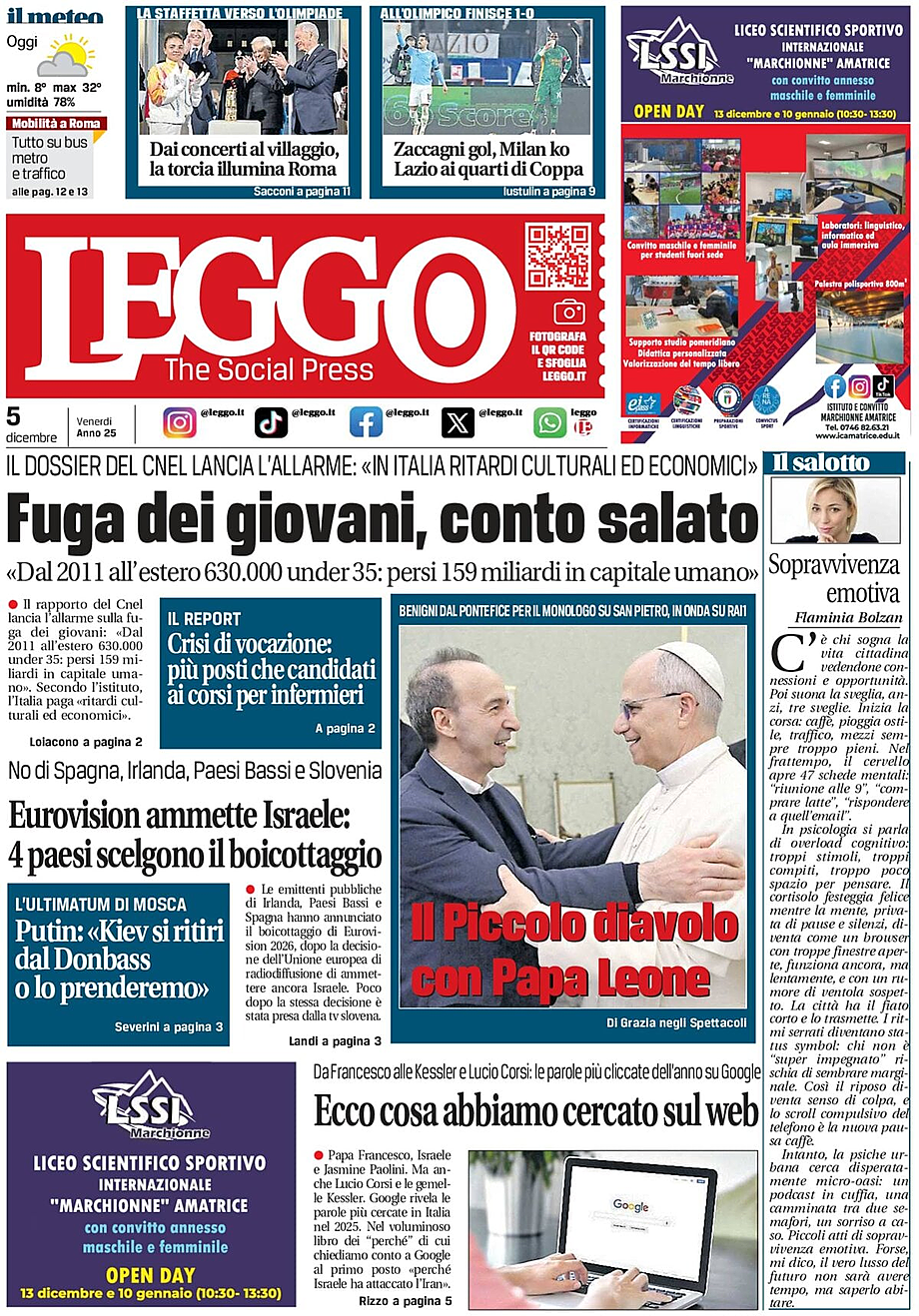 Prima pagina Leggo (Roma) di oggi - Edicola 5 Dicembre 2025