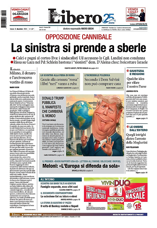 Prima pagina Libero Quotidiano di oggi - Edicola 6 Dicembre 2025