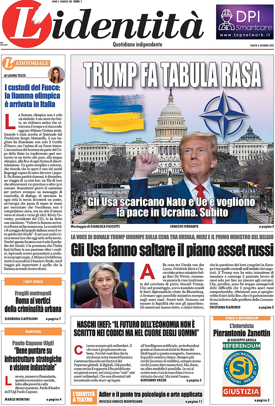 Prima pagina L'Identità di oggi - Edicola 6 Dicembre 2025