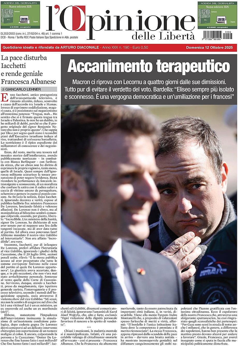 Prima pagina L'Opinione delle Libertà di oggi - Edicola 12 Ottobre 2025