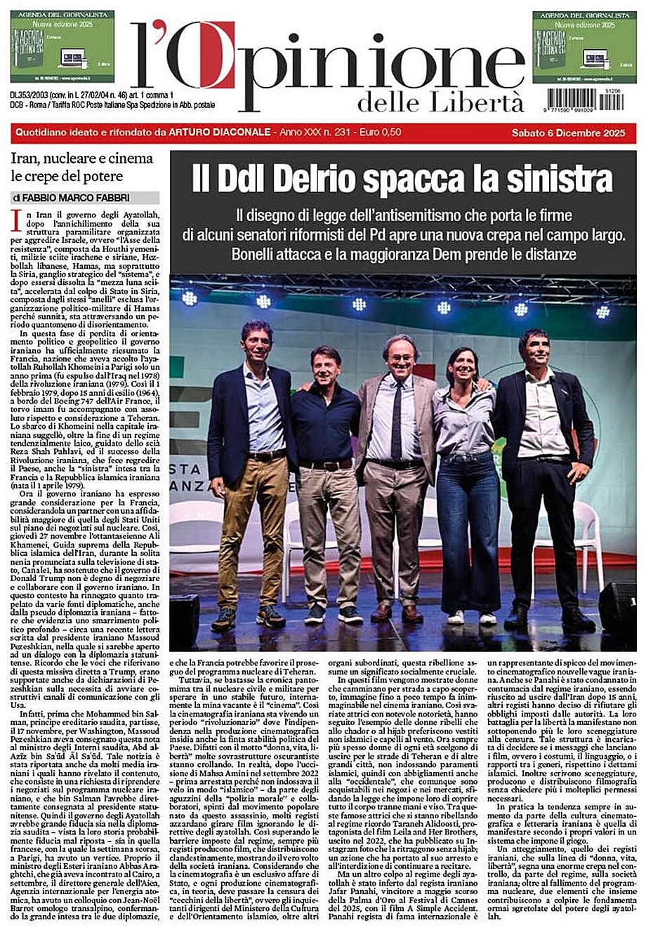 Prima pagina L'Opinione delle Libertà di oggi - Edicola 6 Dicembre 2025