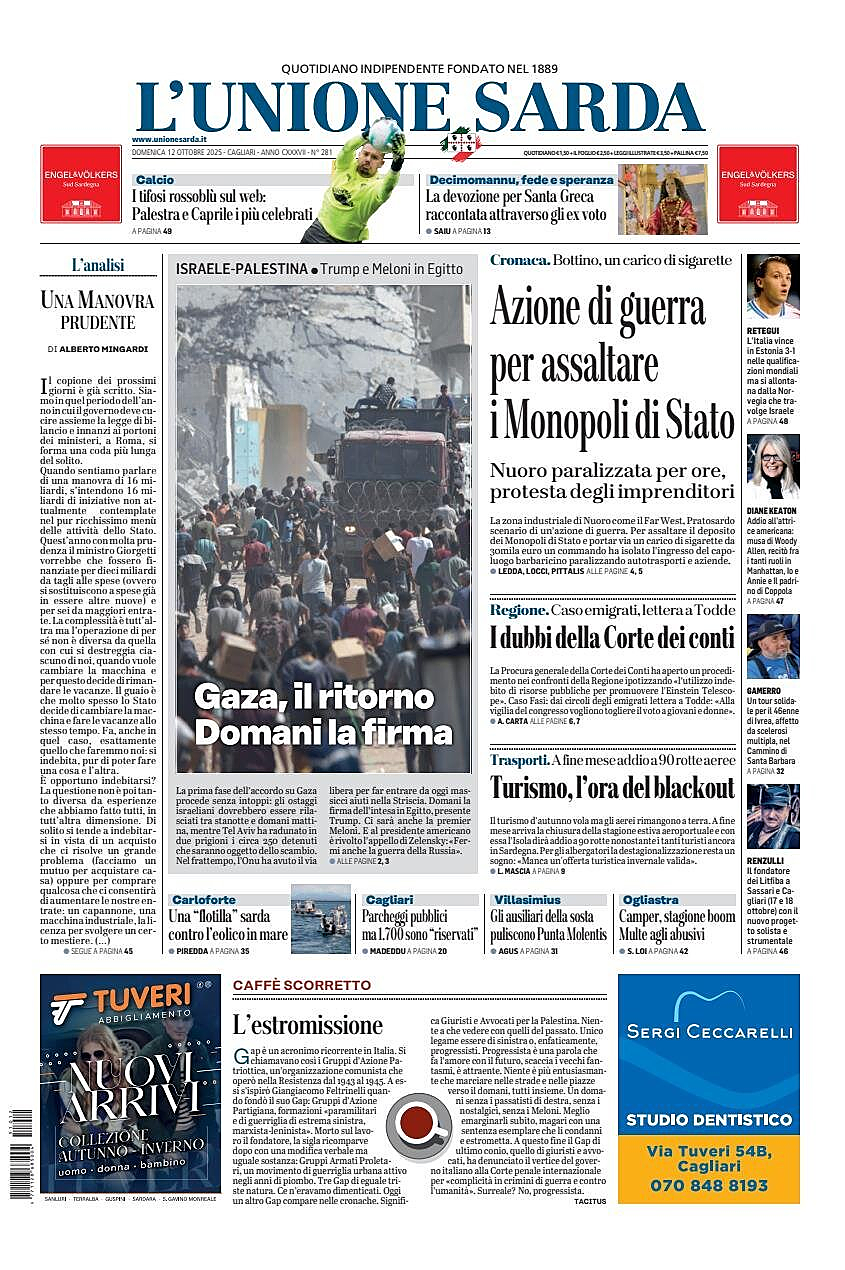 Prima pagina L'Unione Sarda di oggi - Edicola 12 Ottobre 2025