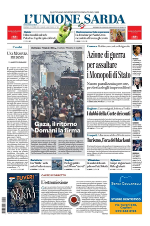 Prima pagina L'Unione Sarda di oggi - Quotidiano regionale