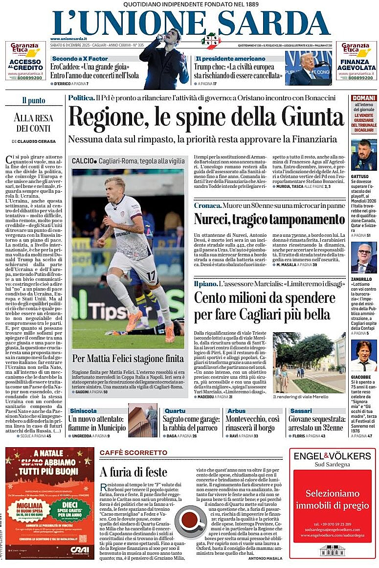 Prima pagina L'Unione Sarda di oggi - Edicola 6 Dicembre 2025