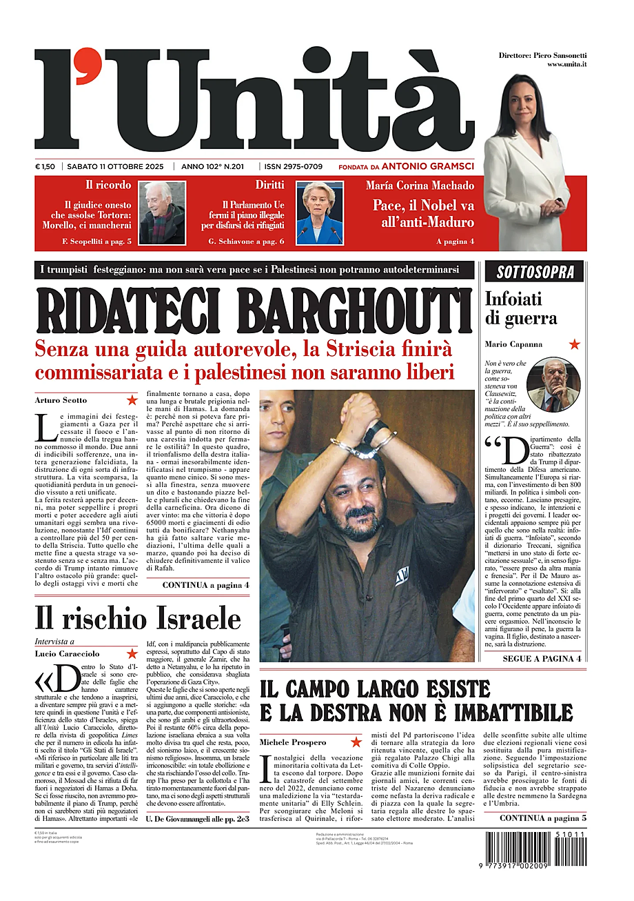 Prima pagina L'Unità di oggi - Edicola 11 Ottobre 2025