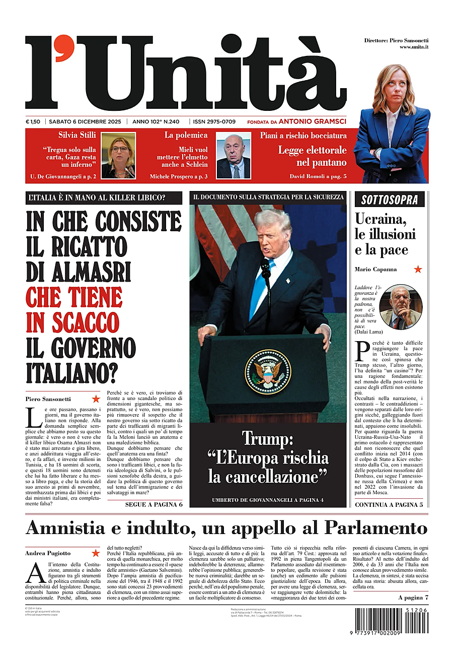 Prima pagina L'Unità di oggi - Edicola 6 Dicembre 2025