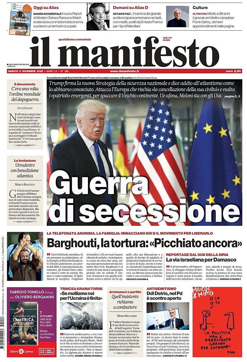 Prima pagina Il Manifesto di oggi - Edicola 6 Dicembre 2025