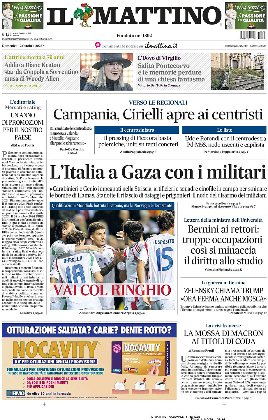 Prima pagina Il Mattino di oggi - Edicola 12 Ottobre 2025