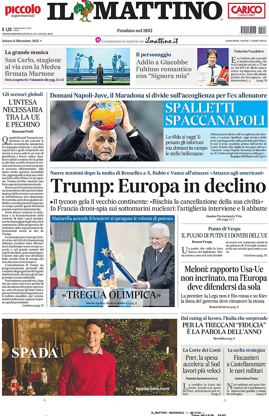 Prima pagina Il Mattino di oggi - Edicola 6 Dicembre 2025