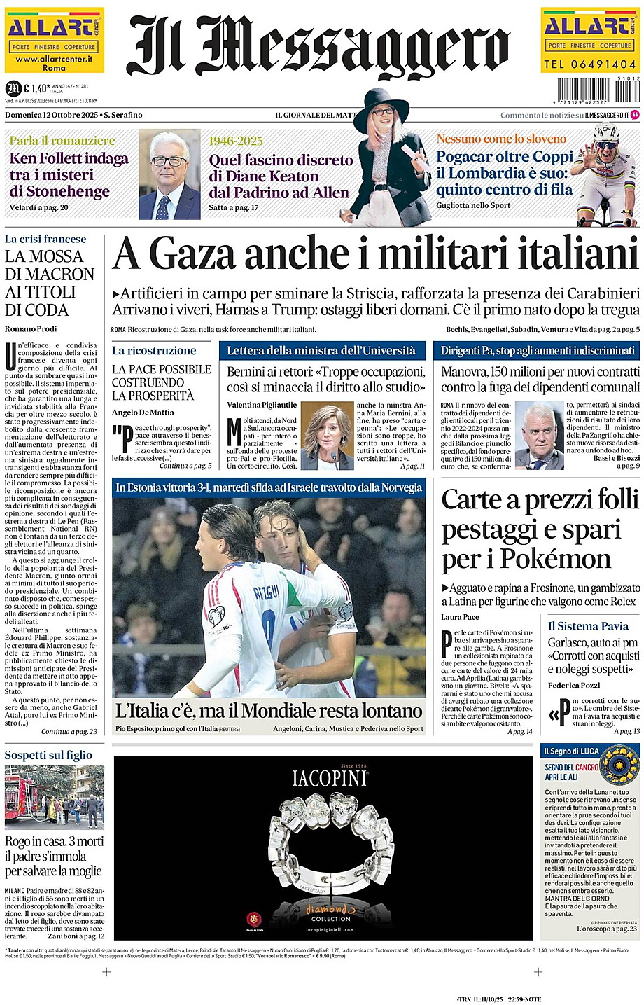 Prima pagina Il Messaggero di oggi - Edicola 12 Ottobre 2025