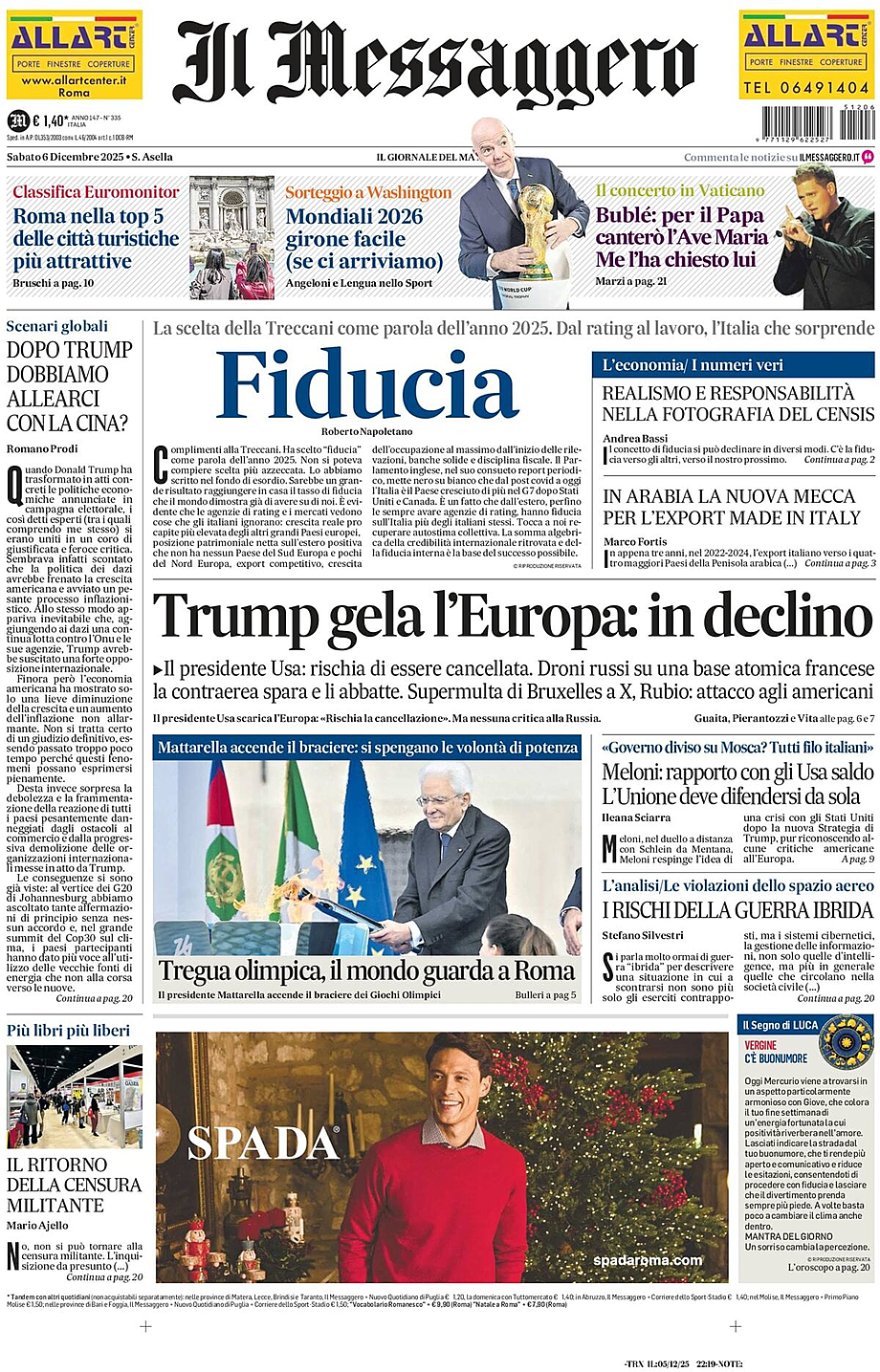 Prima pagina Il Messaggero di oggi - Edicola 6 Dicembre 2025