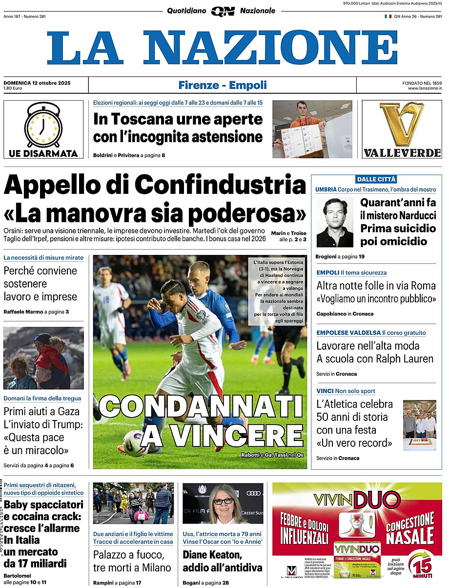 Prima pagina La Nazione di oggi - Edicola 12 Ottobre 2025