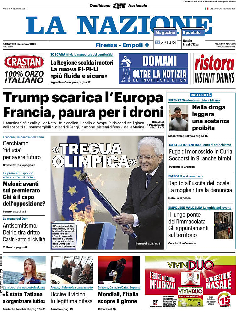 Prima pagina La Nazione di oggi - Edicola 6 Dicembre 2025