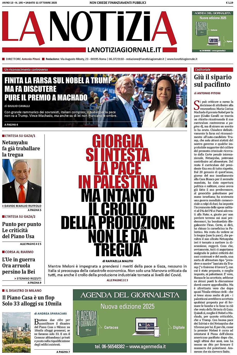 Prima pagina La Notizia di oggi - Edicola 11 Ottobre 2025