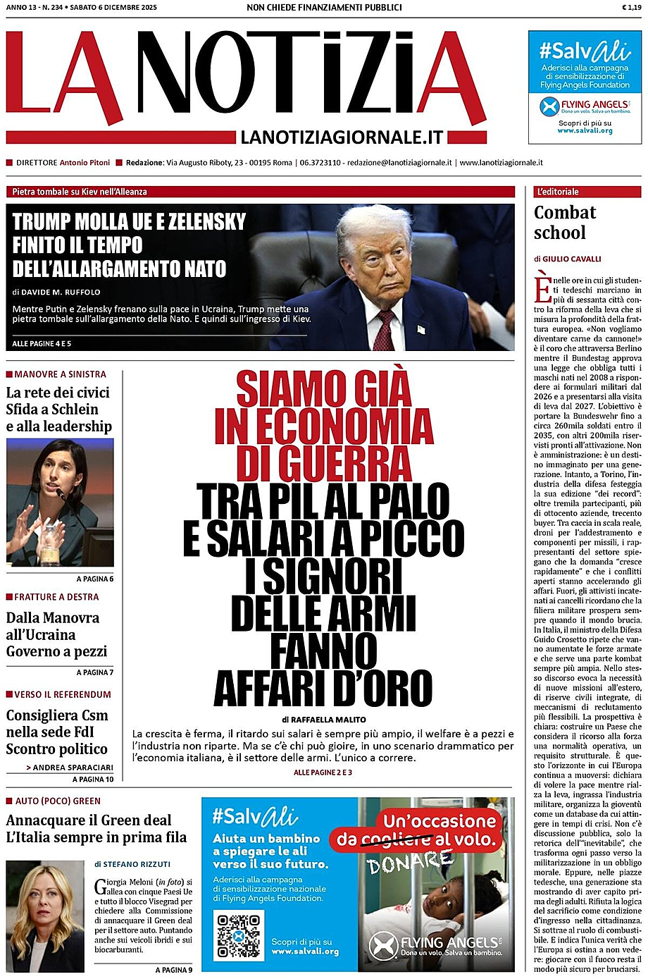 Prima pagina La Notizia di oggi - Edicola 6 Dicembre 2025