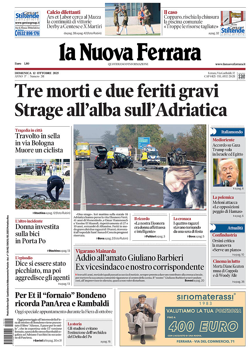 Prima pagina La Nuova Ferrara di oggi - Edicola 12 Ottobre 2025