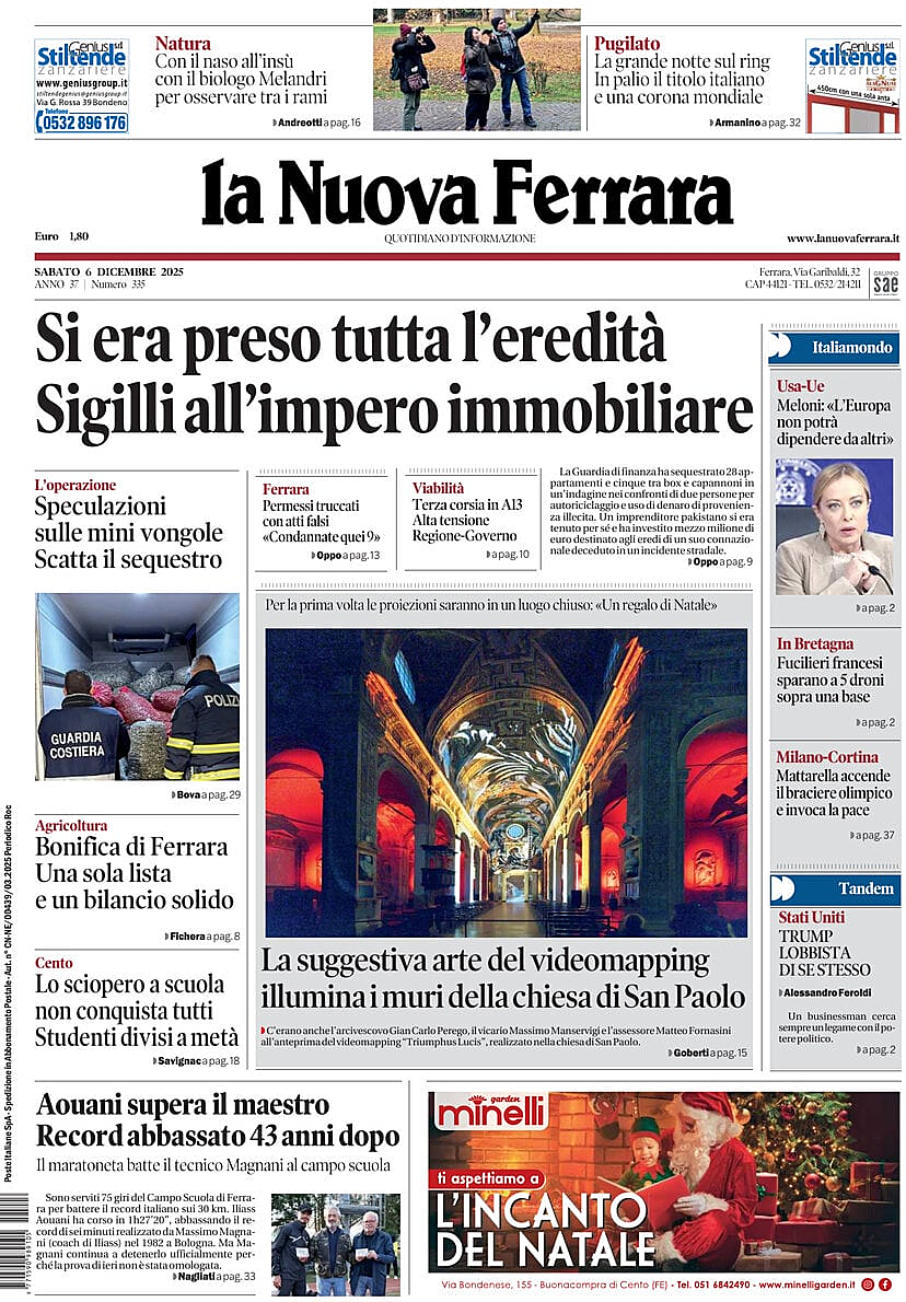 Prima pagina La Nuova Ferrara di oggi - Edicola 6 Dicembre 2025