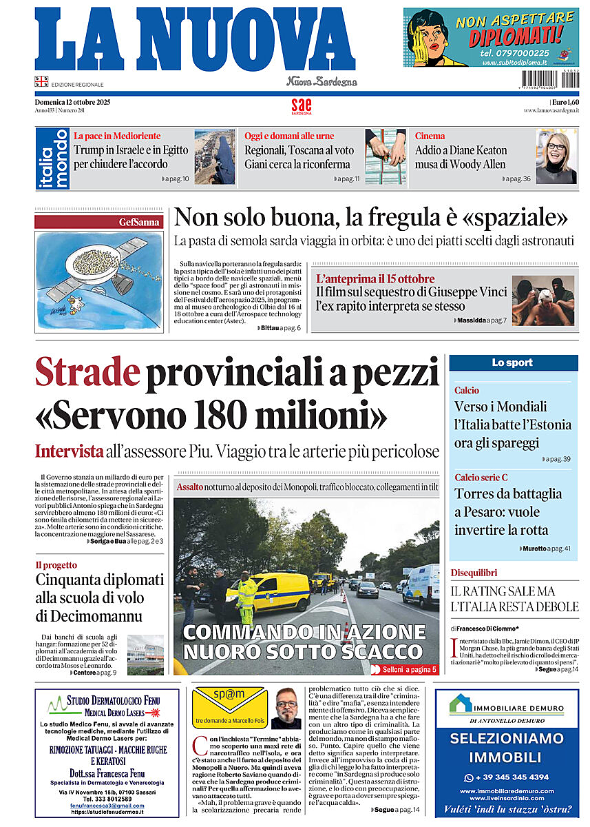 Prima pagina La Nuova Sardegna di oggi - Edicola 12 Ottobre 2025