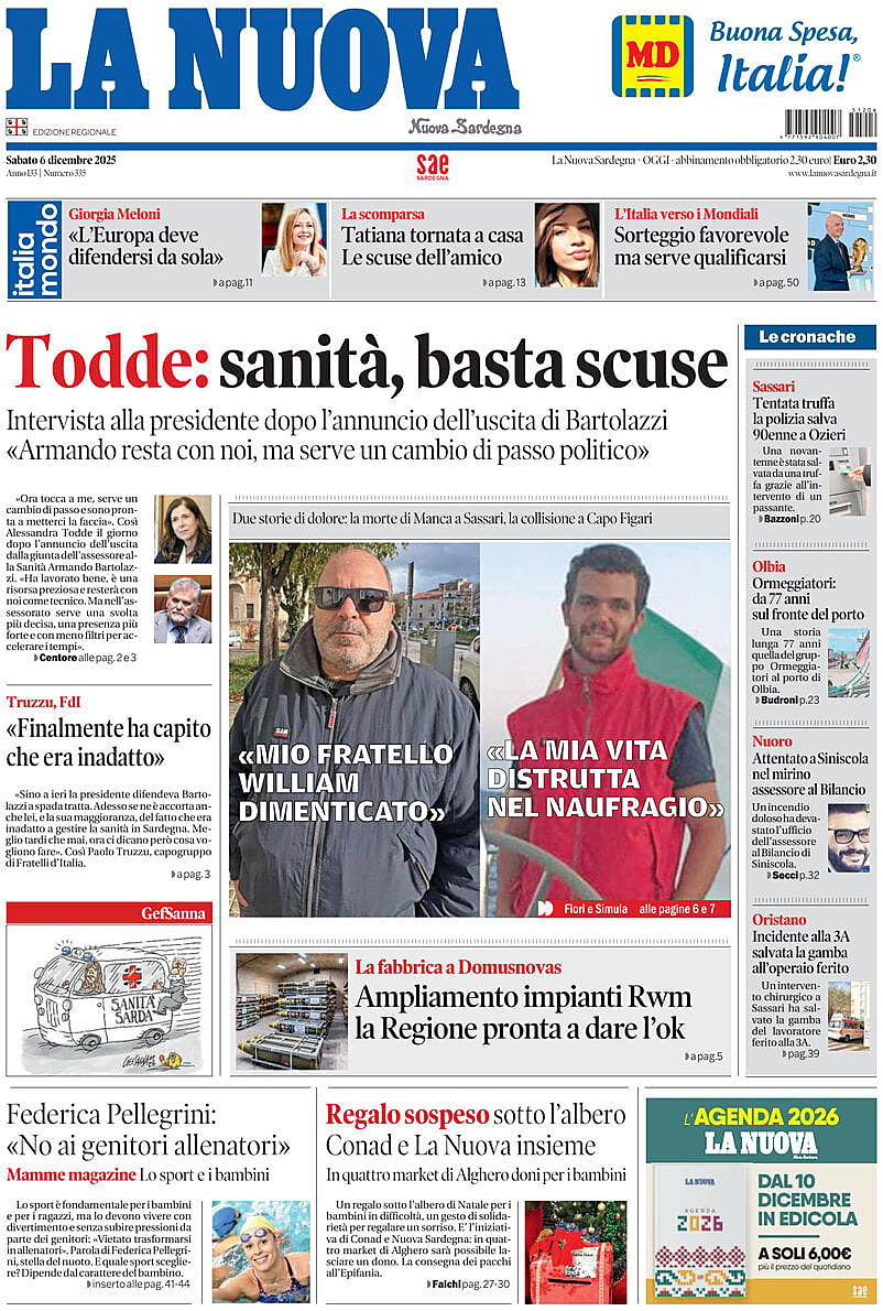 Prima pagina La Nuova Sardegna di oggi - Edicola 6 Dicembre 2025