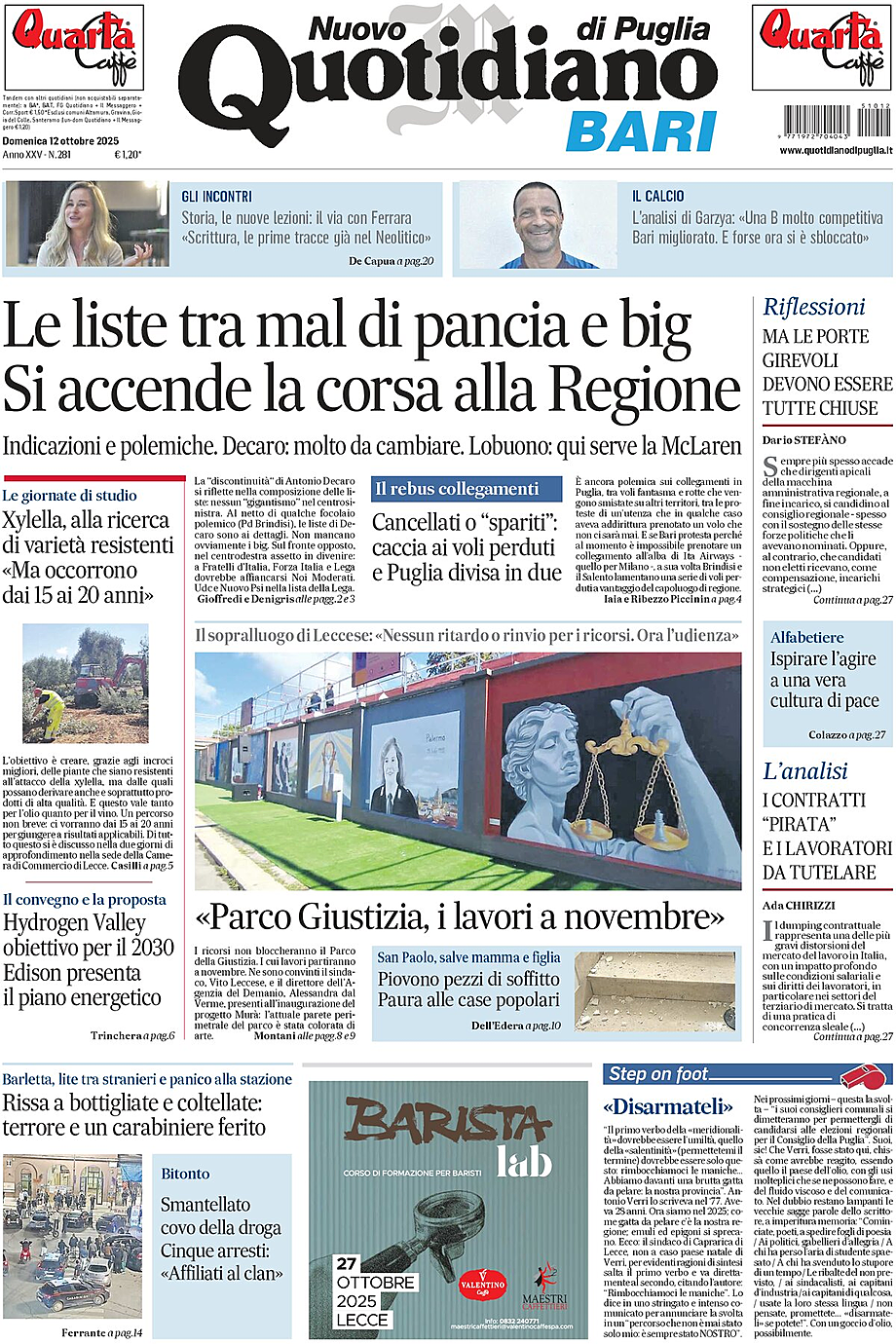 Prima pagina Nuovo Quotidiano di Puglia (Bari) di oggi - Edicola 12 Ottobre 2025