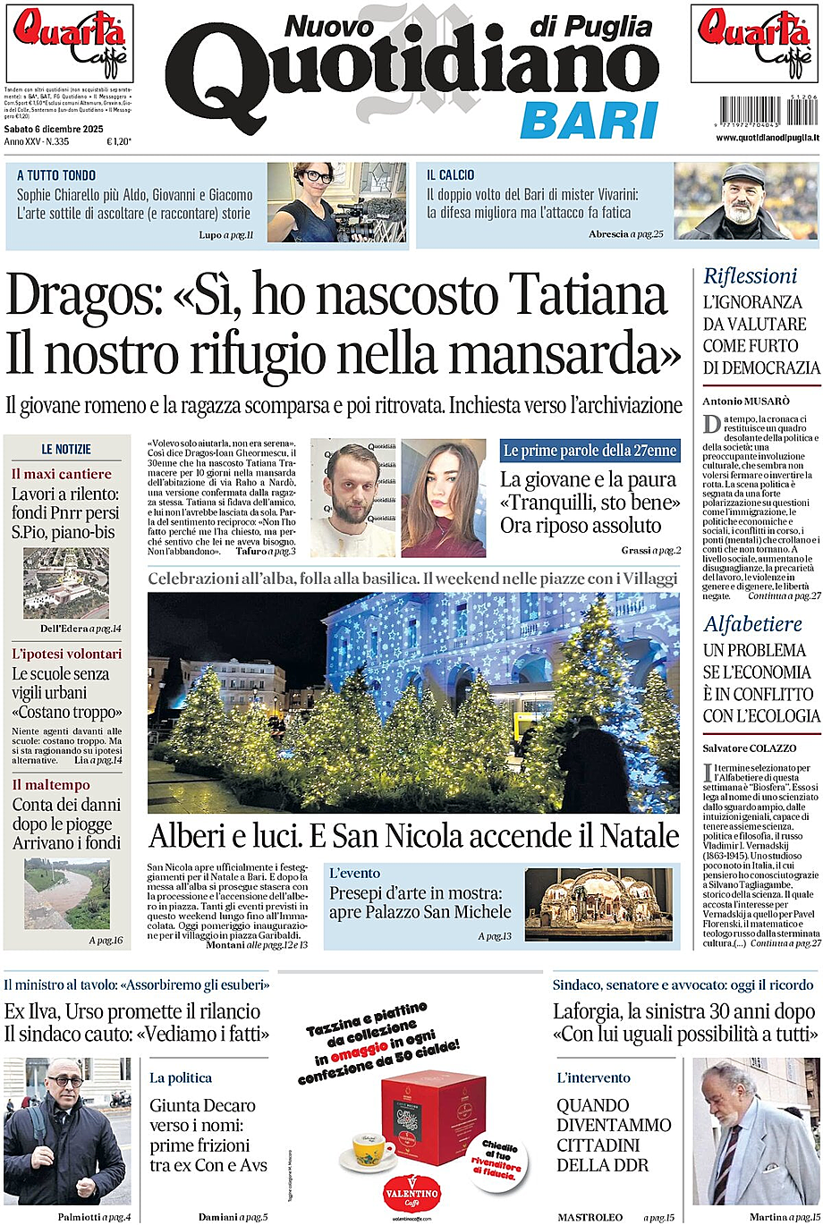 Prima pagina Nuovo Quotidiano di Puglia (Bari) di oggi - Edicola 6 Dicembre 2025