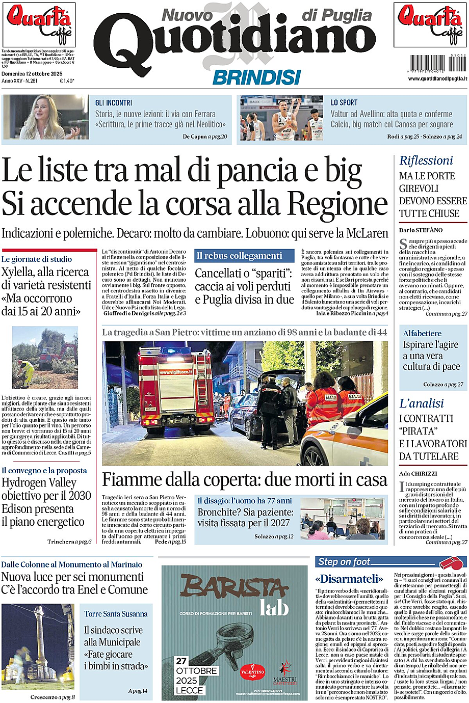 Prima pagina Nuovo Quotidiano di Puglia (Brindisi) di oggi - Edicola 12 Ottobre 2025