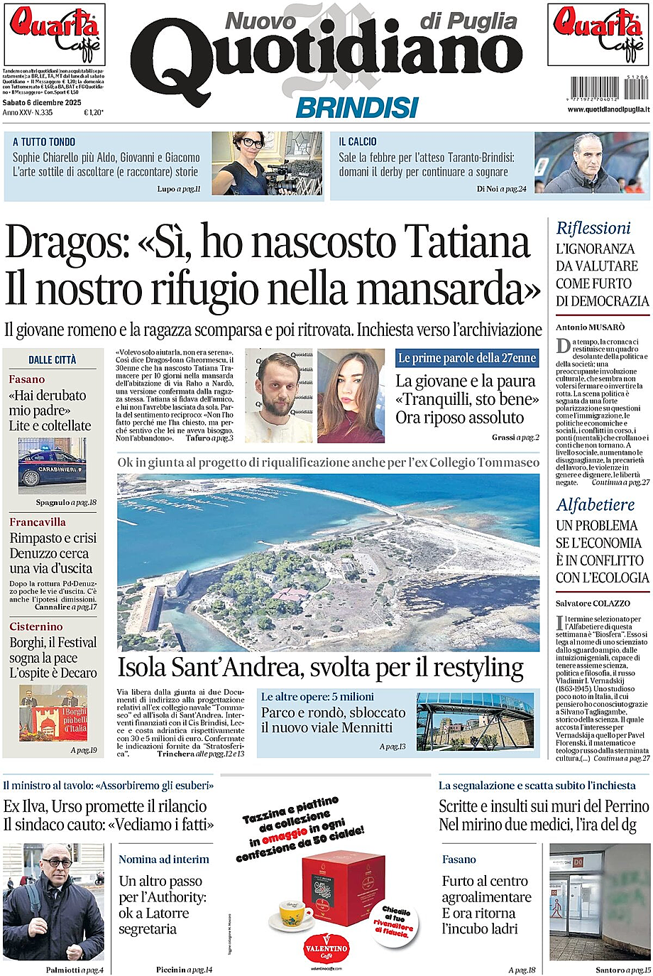 Prima pagina Nuovo Quotidiano di Puglia (Brindisi) di oggi - Edicola 6 Dicembre 2025