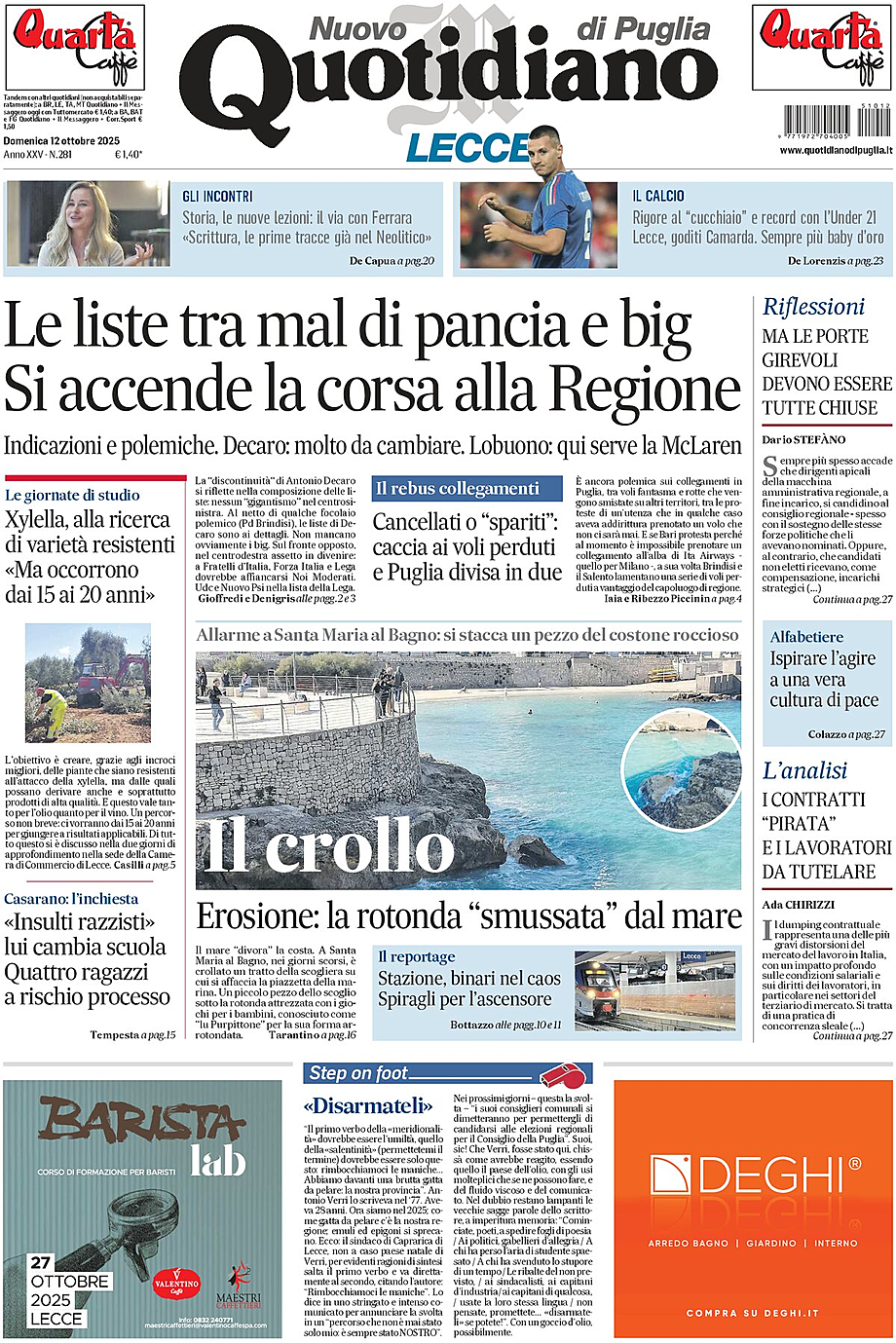 Prima pagina Nuovo Quotidiano di Puglia (Lecce) di oggi - Edicola 12 Ottobre 2025