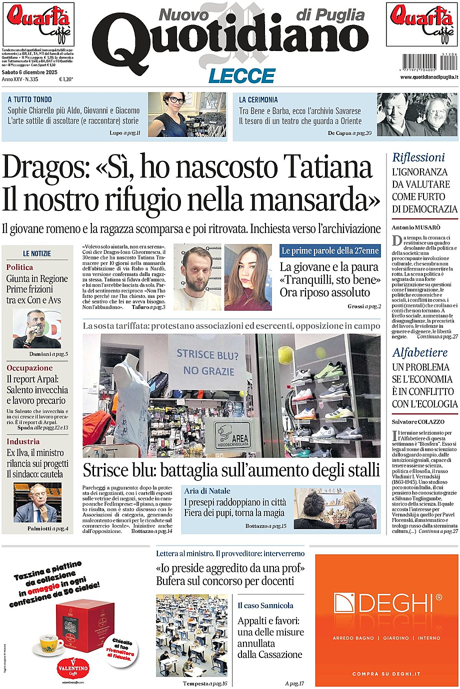 Prima pagina Nuovo Quotidiano di Puglia (Lecce) di oggi - Edicola 6 Dicembre 2025