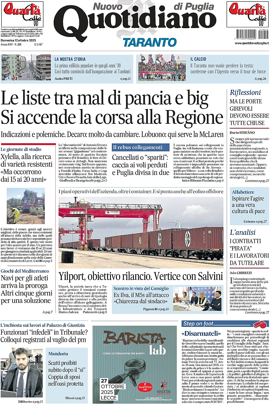 Prima pagina Nuovo Quotidiano di Puglia (Taranto) di oggi - Edicola 12 Ottobre 2025