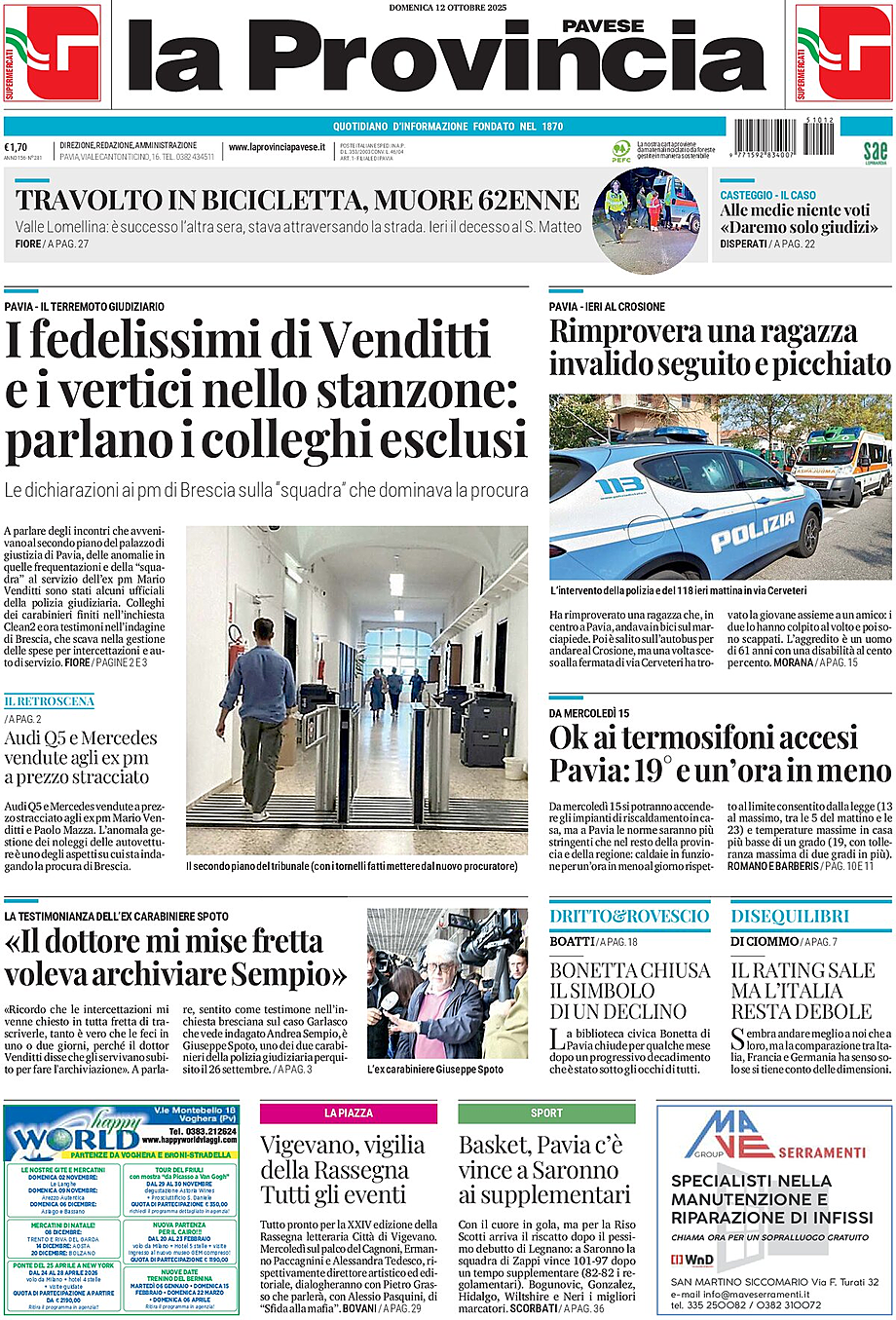 Prima pagina La Provincia Pavese di oggi - Edicola 12 Ottobre 2025